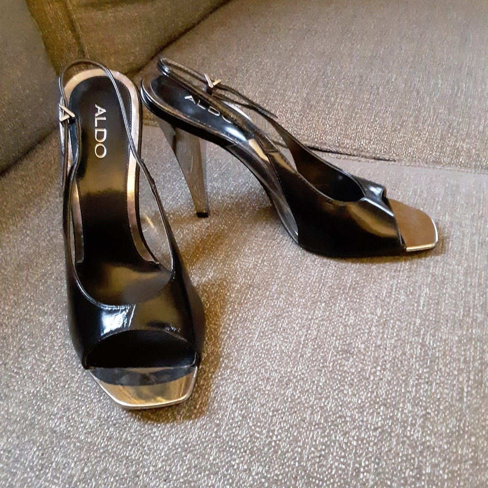 Aldo Black, Silver & Clear Open Toe Slingback